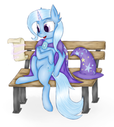 Size: 1703x1900 | Tagged: safe, artist:karczus, derpibooru import, trixie, pony, unicorn, bench, cape, clothes, female, hat, magic, mare, scroll, solo, trixie's cape, trixie's hat