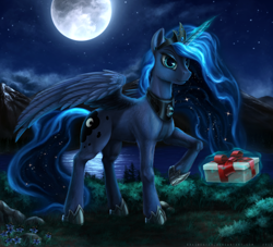 Size: 2200x2000 | Tagged: safe, artist:bra1neater, princess luna, alicorn, pony, fluffy, lake, looking at you, magic, moon, mountain, night, present, raised hoof, smiling, solo, spread wings, telekinesis