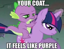 Size: 720x546 | Tagged: safe, derpibooru import, edit, edited screencap, screencap, spike, twilight sparkle, dragon, pony, unicorn, a dog and pony show, caption, dragons riding ponies, ei, female, high, image macro, implied drug use, magic, magic aura, male, mare, riding, stoner spike, text