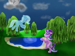 Size: 1600x1200 | Tagged: safe, artist:bleuey, derpibooru import, starlight glimmer, trixie, pony, unicorn, crying, dead, feels, female, floating, mare, pond, sad, soul, spirit, weeping willow