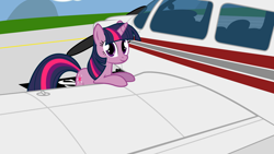 Size: 1280x720 | Tagged: safe, artist:ifollowroads, derpibooru import, twilight sparkle, looking at you, plane, solo