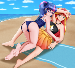 Size: 2400x2200 | Tagged: safe, artist:focusb, sci-twi, sunset shimmer, twilight sparkle, equestria girls, barefoot, clothes, feet, female, human coloration, lesbian, scitwishimmer, shipping, soles, sunsetsparkle, swimsuit, toes