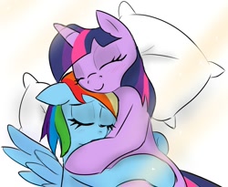 Size: 988x810 | Tagged: safe, artist:sweethd, derpibooru import, rainbow dash, twilight sparkle, pegasus, pony, blushing, cuddling, female, lesbian, pillow, shipping, smiling, twidash