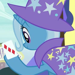 Size: 709x715 | Tagged: safe, derpibooru import, screencap, trixie, pony, unicorn, uncommon bond, cape, card, clothes, cropped, cute, diatrixes, female, happy, hat, holding, hoof hold, mare, raised hoof, solo, trixie's cape, trixie's hat