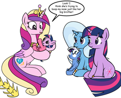 Size: 600x488 | Tagged: safe, artist:dekomaru, derpibooru import, princess cadance, trixie, twilight sparkle, unicorn twilight, alicorn, pony, unicorn, ask, attempted boop, cropped, female, lesbian, magical lesbian spawn, offspring, parent:trixie, parent:twilight sparkle, parents:twixie, shipping, tumblr, tumblr:ask twixie, twixie