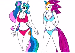 Size: 3499x2478 | Tagged: safe, artist:killerteddybear94, derpibooru import, princess celestia, queen novo, alicorn, anthro, hippogriff, adorasexy, belly button, bikini, blue swimsuit, clothes, curvy, cute, female, hands behind back, hourglass figure, looking at each other, milf, open mouth, ponytail, red swimsuit, sexy, smiling, swimsuit, traditional art