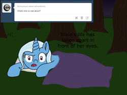 Size: 1280x960 | Tagged: safe, derpibooru import, trixie, pony, unicorn, ask, asksadtrixie, female, forest, mare, sad, solo, tumblr