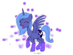 Size: 640x480 | Tagged: safe, artist:moonwalkingmjeve, princess luna, alicorn, pony, clothes, eyes closed, happy, s1 luna, simple background, socks, solo, spread wings, striped socks, transparent background