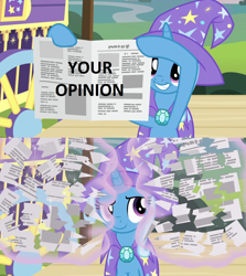 Size: 1280x1436 | Tagged: safe, derpibooru import, edit, edited screencap, screencap, trixie, pony, unicorn, uncommon bond, cape, clothes, female, hat, mare, meme, newspaper, opinion, reaction image, solo, trixie's cape, trixie's hat, your opinion