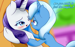 Size: 1280x800 | Tagged: safe, artist:isle-of-forgotten-dreams, derpibooru import, rarity, trixie, pony, unicorn, bedroom eyes, blushing, female, lesbian, rarixie, shipping, underhoof