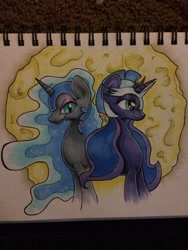 Size: 720x960 | Tagged: safe, artist:pegas1ster, nightmare moon, princess luna, alicorn, pony, duality, helmet, moon, traditional art