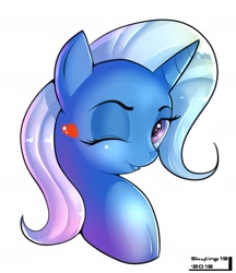 Size: 1130x1309 | Tagged: safe, artist:skyart301, derpibooru import, trixie, pony, unicorn, bust, eyeshadow, female, heart, lipstick, looking at you, mare, one eye closed, simple background, smiling, solo, white background, wink