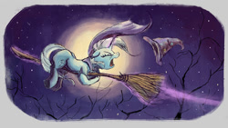 Size: 1280x720 | Tagged: safe, artist:plainoasis, derpibooru import, trixie, pony, unicorn, backwards, broom, cape, clothes, eyes closed, female, flying, flying broomstick, full moon, glowing horn, hat, magic, mare, moon, night, solo, tree, trixie's cape, trixie's hat