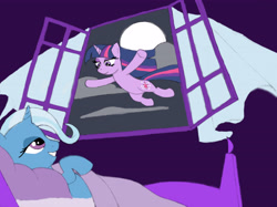 Size: 4532x3388 | Tagged: safe, artist:theblackemperor, derpibooru import, trixie, twilight sparkle, bed, bedroom eyes, eye contact, female, flying, grin, lesbian, moon, on back, shipping, smiling, the simpsons, twixie, window
