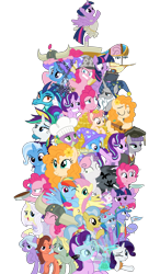 Size: 4134x7087 | Tagged: safe, artist:sonofaskywalker, derpibooru import, applejack, bow hothoof, doctor fauna, dragon lord ember, fluttershy, lily lace, maud pie, pear butter, pinkie pie, princess ember, princess flurry heart, rainbow dash, rarity, spike, star swirl the bearded, starlight glimmer, sweetie belle, trixie, twilight sparkle, twilight sparkle (alicorn), windy whistles, alicorn, dragon, earth pony, pegasus, pony, unicorn, a royal problem, it isn't the mane thing about you, once upon a zeppelin, season 7, secrets and pies, shadow play, the perfect pear, absurd resolution, alternate hairstyle, ballerina, female, graduation cap, hat, mane six, mare, pony pile, punk, raripunk, simple background, tower of pony, transparent background, tutu, twilarina, vector