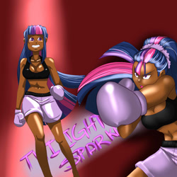 Size: 1024x1024 | Tagged: safe, artist:cutelaughter, twilight sparkle, human, alternate hairstyle, boxing, boxing gloves, clothes, dark skin, fit, humanized, midriff, ponytail, punch, solo, sports bra, trunks