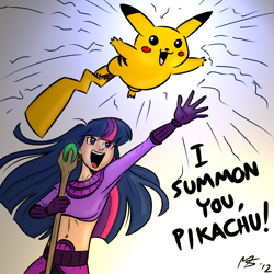 Size: 962x962 | Tagged: safe, artist:megasweet, artist:trelwin, derpibooru import, twilight sparkle, pikachu, belly button, crossover, diablo, diablo 2, humanized, midriff, nintendo, parody, pokémon, sorceress