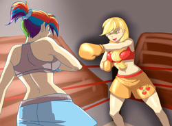 Size: 1024x754 | Tagged: dead source, safe, artist:cutelaughter, applejack, rainbow dash, belly button, blushing, boxing, boxing gloves, boxing ring, clothes, fight, humanized, midriff, sports, sports bra, trunks