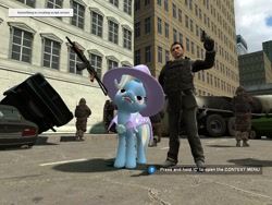 Size: 1024x768 | Tagged: safe, artist:orang111, derpibooru import, trixie, 3d, aks-74u, assault rifle, call of duty, car, crossover, gmod, gun, makarov pmm, pistol, soldier, vladimir makarov