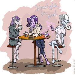 Size: 3000x3000 | Tagged: safe, artist:2d20, derpibooru import, maud pie, starlight glimmer, trixie, anthro, earth pony, unguligrade anthro, unicorn, cafe, clothes, cup, dialogue, facepalm, food, hoodie, laughing, magic, pun, sandwich, smiling, table, teacup, teacup poodle, trio, visual pun