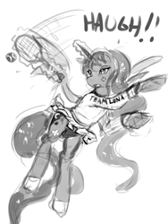 Size: 750x1000 | Tagged: safe, artist:slugbox, princess luna, alicorn, pony, bandaid, clothes, grunt, magic, monochrome, panties, panty shot, skirt, solo, telekinesis, tennis, tennis ball, tennis racket, underwear