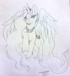 Size: 540x587 | Tagged: safe, artist:mardukedye, princess luna, alicorn, pony, lunadoodle, monochrome, solo, traditional art