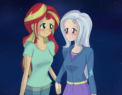 Size: 1400x1100 | Tagged: safe, artist:rmariansj, derpibooru import, sunset shimmer, trixie, equestria girls, blushing, clothes, female, holding hands, human coloration, lesbian, looking at each other, night, pants, shipping, shirt, smiling, stars, suntrix