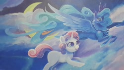 Size: 1280x720 | Tagged: safe, artist:valzeras, princess luna, sweetie belle, alicorn, pony, for whom the sweetie belle toils, cloud, cloudy, moon