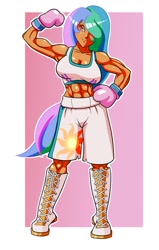 Size: 812x1280 | Tagged: safe, artist:ryujisama, princess celestia, human, abs, armpits, biceps, boots, boxing, boxing gloves, breasts, clothes, commission, female, flexing, hair over one eye, humanized, midriff, muscles, pink background, pose, princess breastia, princess musclestia, shoes, simple background, smiling, solo, sports, sports bra, trunks