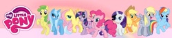 Size: 1024x230 | Tagged: safe, derpibooru import, apple fritter, applejack, derpy hooves, fluttershy, pinkie pie, rainbow dash, rarity, trixie, twilight sparkle, earth pony, pegasus, pony, unicorn, apple family member, cardboard twilight, my little pony logo, solo, stock vector, wet mane