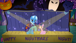 Size: 1600x900 | Tagged: safe, artist:navitaserussirus, derpibooru import, scootaloo, trixie, twilight sparkle, cat, nightmare night, species swap, stage, twilight cat