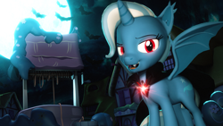 Size: 1920x1080 | Tagged: safe, artist:powdan, derpibooru import, trixie, alicorn, bat, bat pony, bat pony alicorn, pony, undead, vampire, vampony, 3d, alicorn amulet, alicornified, bat ponified, cape, clothes, fangs, female, full moon, gmod, looking at you, mare, moon, night, open mouth, ponyville, race swap, red eyes, smiling, solo, source filmmaker, trixiecorn, well