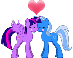 Size: 727x582 | Tagged: safe, artist:mk513, derpibooru import, trixie, twilight sparkle, twilight sparkle (alicorn), alicorn, pony, unicorn, pony creator, blushing, eyes closed, female, heart, kissing, lesbian, mare, shipping, simple background, transparent background, twixie, vector