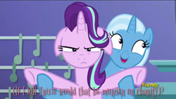 Size: 800x450 | Tagged: safe, derpibooru import, edit, edited screencap, screencap, starlight glimmer, trixie, pony, unicorn, all bottled up, floppy ears, implied murder, rock-a-doodle, trixie's puppeteering