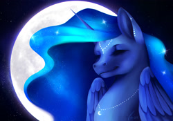 Size: 2850x2000 | Tagged: safe, artist:nekiw, princess luna, alicorn, pony, beautiful, ear piercing, eyes closed, jewelry, moon, necklace, night, piercing, portrait, smiling, solo