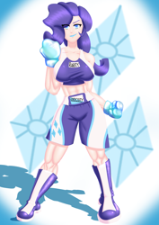Size: 4961x7016 | Tagged: safe, artist:ryujisama, rarity, human, abs, absurd resolution, boxer, boxing, boxing gloves, breasts, clothes, female, humanized, midriff, muscles, raritits, ripped rarity, shorts, solo, sports, sports bra