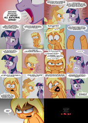 Size: 1800x2500 | Tagged: safe, artist:hotdiggedydemon, derpibooru import, applejack, twilight sparkle, earth pony, pony, creationism, jappleack, vulgar