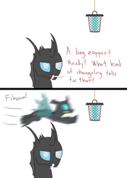 Size: 2000x2788 | Tagged: safe, artist:mightyshockwave, derpibooru import, oc, oc only, oc:coxa, oc:mimesis, changeling, aniscoria, behaving like a moth, bug zapper, bugs doing bug things, changeling oc, comic, looking at you, this will end in electrocution, this will end in pain