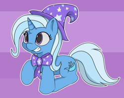 Size: 644x509 | Tagged: safe, artist:treekickerdraws, derpibooru import, trixie, pony, unicorn, bowtie, clothes, cute, diatrixes, female, grin, hat, mare, raised hoof, sitting, smiling, solo, squee, trixie's hat, weapons-grade cute