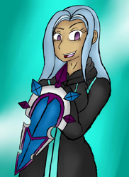 Size: 762x1048 | Tagged: safe, artist:trinity-comettrail, derpibooru import, trixie, human, clothes, crossover, humanized, kingdom hearts, shield, solo, vexen