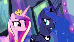 Size: 1920x1080 | Tagged: safe, screencap, princess cadance, princess luna, alicorn, pony, equestria girls, aunt and niece, female, jewelry, magic mirror, mirror, regalia, tiara