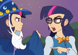 Size: 1688x1188 | Tagged: safe, artist:ric-m, derpibooru import, star swirl the bearded, trixie, twilight sparkle, human, bowtie, clothes, costume, glasses, humanized, nerd, nightmare night