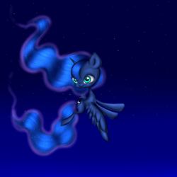 Size: 540x540 | Tagged: safe, artist:pinipy, princess luna, alicorn, pony, blue, cute, filly, flying, night, night sky, single, solo, woona