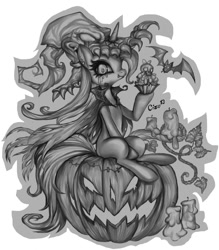 Size: 737x842 | Tagged: safe, artist:cizu, derpibooru import, trixie, bat, pony, unicorn, clothes, costume, female, halloween, jack-o-lantern, mare, nightmare night, solo, wip, witch