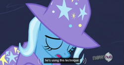 Size: 575x304 | Tagged: safe, derpibooru import, screencap, trixie, pony, unicorn, magic duel, female, hub logo, mare, meme, solo, youtube caption