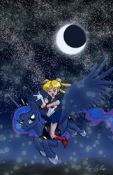 Size: 792x1224 | Tagged: safe, artist:giantmosquito, princess luna, human, crossover, flying, moon, night, riding, sailor moon, stars