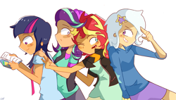 Size: 2481x1406 | Tagged: safe, artist:noahther, derpibooru import, starlight glimmer, sunset shimmer, trixie, twilight sparkle, equestria girls, beanie, book, clothes, female, hat, human coloration, jacket, magical quartet, reading, shirt, simple background, smiling, vest