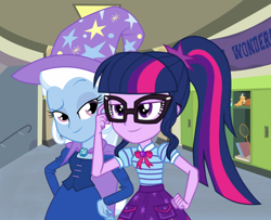 Size: 814x662 | Tagged: safe, artist:fundz64, artist:rare-fashions15, artist:rivalcat, artist:themexicanpunisher, derpibooru import, sci-twi, trixie, twilight sparkle, equestria girls, canterlot high, cape, clothes, female, glasses, hat, lesbian, sci-twixie, shipping, smiling, trixie's cape, trixie's hat, twixie, vector