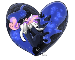 Size: 1000x800 | Tagged: safe, artist:quizia, princess luna, sweetie belle, alicorn, pony, for whom the sweetie belle toils, heart, holding a pony, hug, scene interpretation