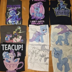 Size: 2448x2448 | Tagged: safe, artist:jay fosgitt, artist:ramivic, derpibooru import, discord, starlight glimmer, trixie, pig, pony, unicorn, cape, clothes, cup, hat, shirt, t-shirt, teacup, teacup poodle, welovefine